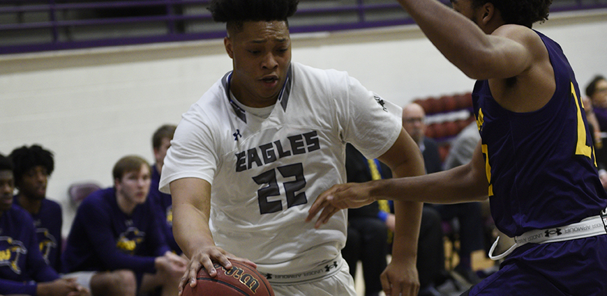 Kelvin Knight drives to the basket against Hardin-Simmons. Knight scored 8 points in his final game as an Eagle.