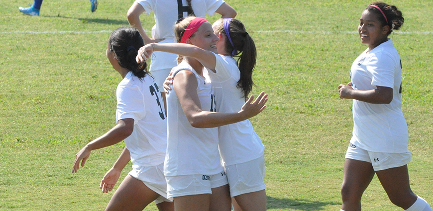 Micaela Winters celebrates a goal with teammates.