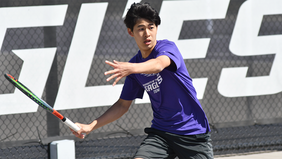 Kento Iwahara returns a ball against Sterling College. The Eagles won 6-3.
